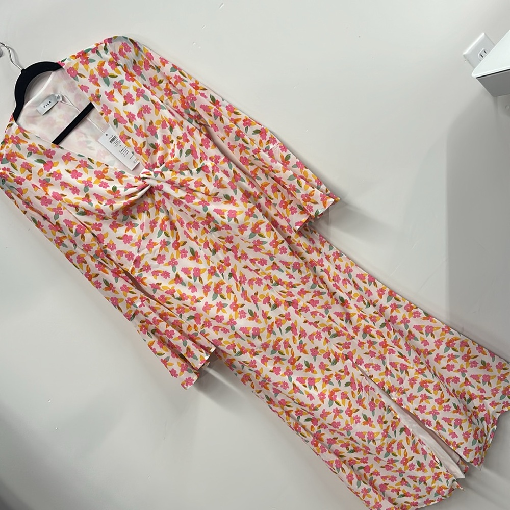 Vila maxi dress with fluted sleeves in floral print pink white 38  US6 - Picture 4 of 9